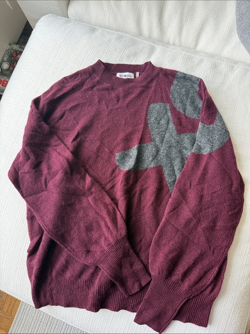 27 Miles Burgundy 100% Cashmere Crewneck Sweater with Gray XO Graphic